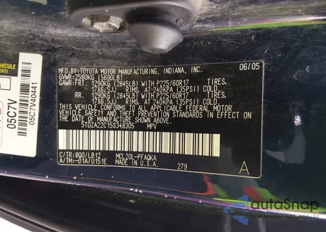 2005 Toyota Sienna Xle z USA, uszkodzony, nr VIN 5TDZA22C15S348305